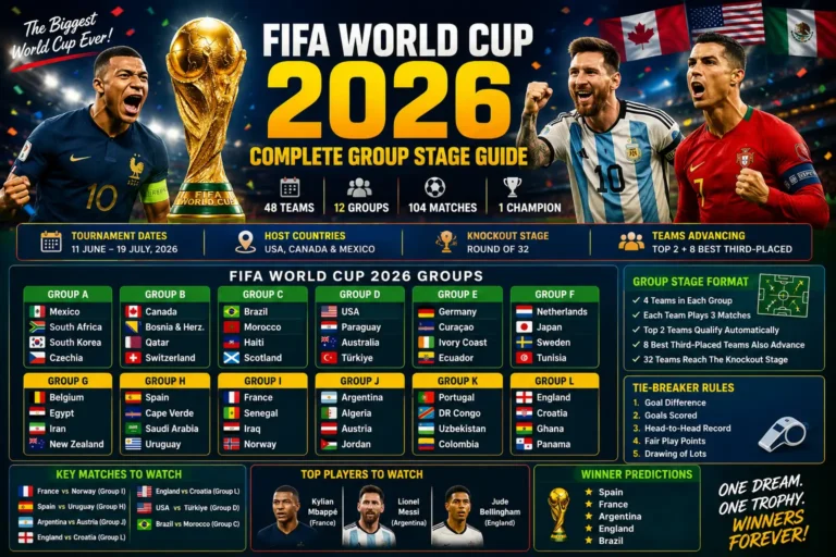 FIFA World Cup 2026 groups, teams, fixtures, schedule, standings, qualification rules, predictions, and key matches. Complete World Cup group stage guide..webp