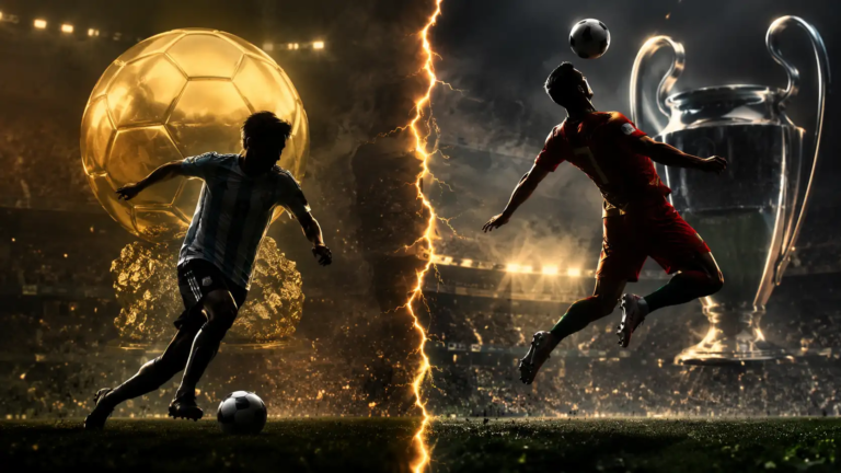 Messi vs Ronaldo career stats comparison — Argentina and Portugal football legends with trophies in a cinematic stadium